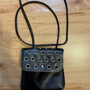 Black Leather Crossbody Bag with Grommet Detail